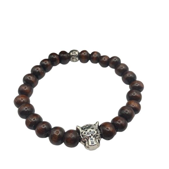 Leopard charm wooden bead stretch bracelet - Picture 1 of 5